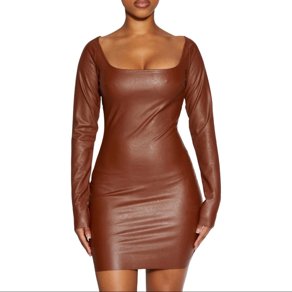 NEW - Naked Wardrobe Brown Leather Long Sleeve Mini Dress Size Large